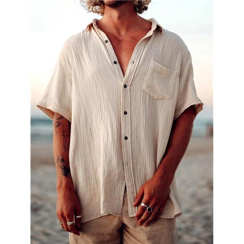 Men Linen/Bohemian Style Short Sleeve Shirt for Men, Summer Apparel for Men